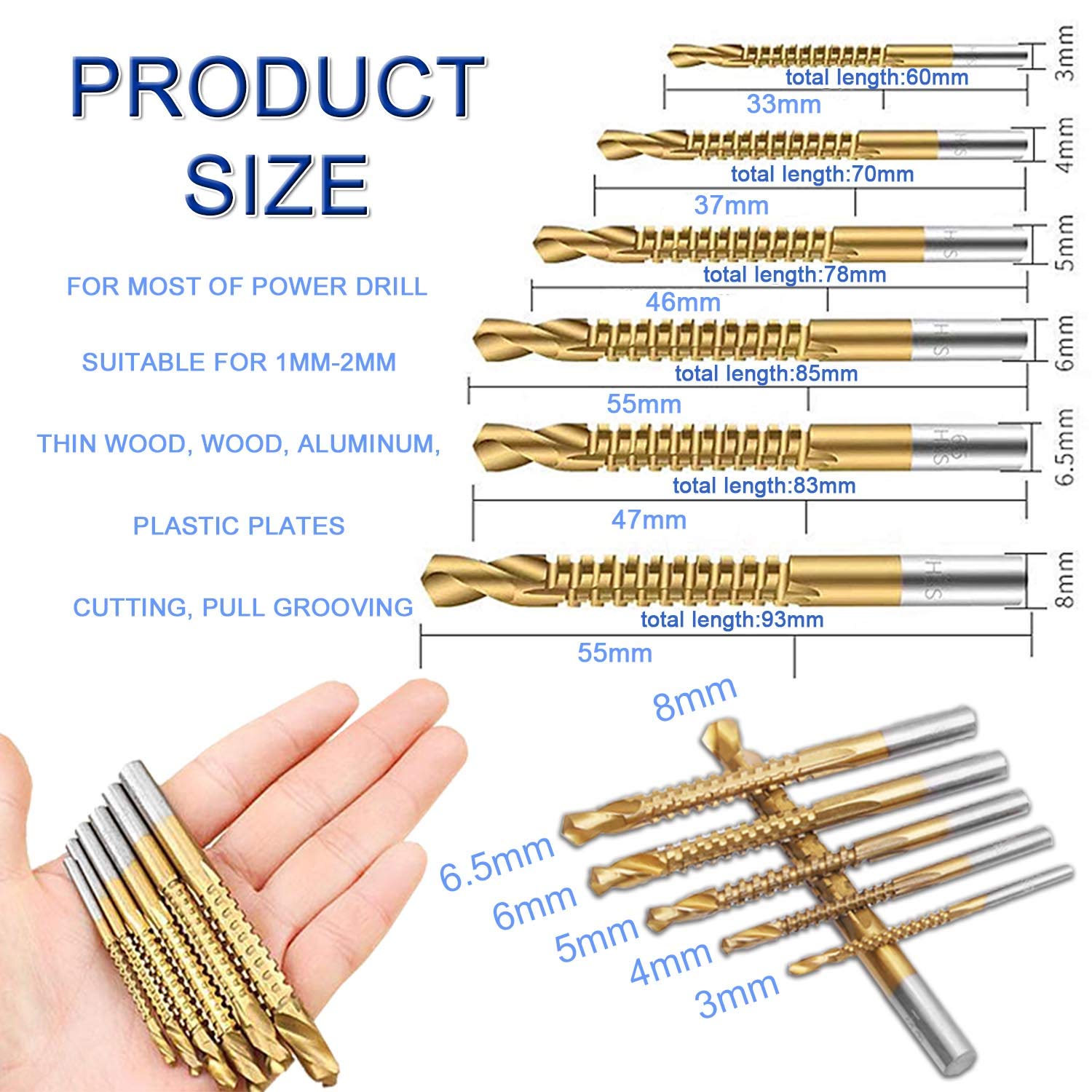 ZIBUYU Titanium Coated HSS Twist Drill Milling Bits - 3-8mm Serrated Grooving Cutting Carpenter Side Cutting Tap Spiral Saw Drill Bit Woodworking Wood Metal Plastic Hole Holesaw Tool (6pcs) ZIBUYU Titanium Coated HSS Twist Drill Milling Bits - 3-8mm Serrated Grooving Cutting Carpenter Side Cutting Tap Spiral Saw Drill Bit Woodworking Wood Metal Plastic Hole Holesaw Tool (6pcs)